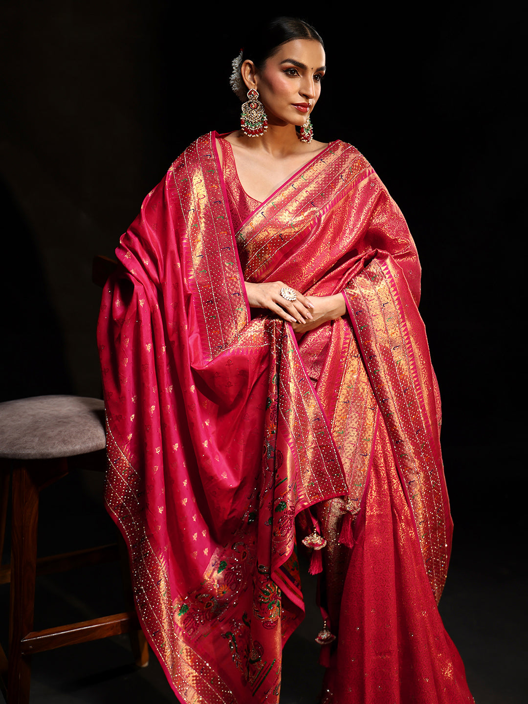 Mameraa Art Pink Embellished Banarasi Silk Blend Saree with Dupatta