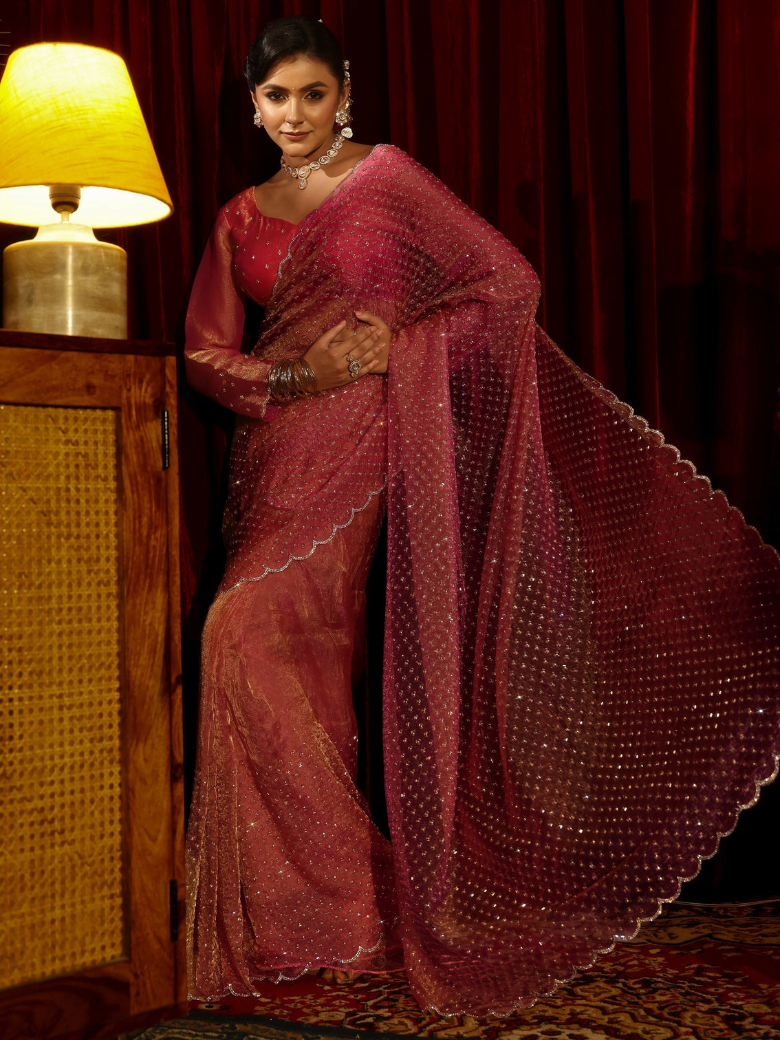 Mameraa Art Pink Embellished Tissue Saree
