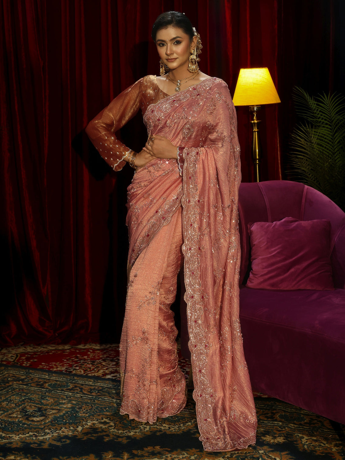 Mameraa Art Pink Floral Embellished Tissue Saree