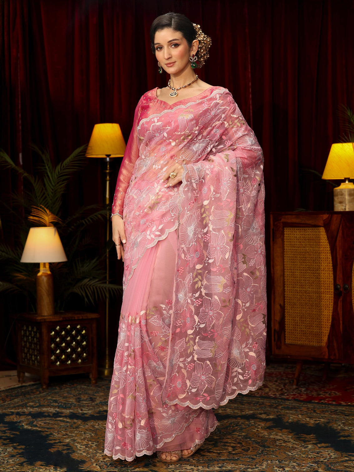 Mameraa Art Pink Floral Embroidered Tissue Saree