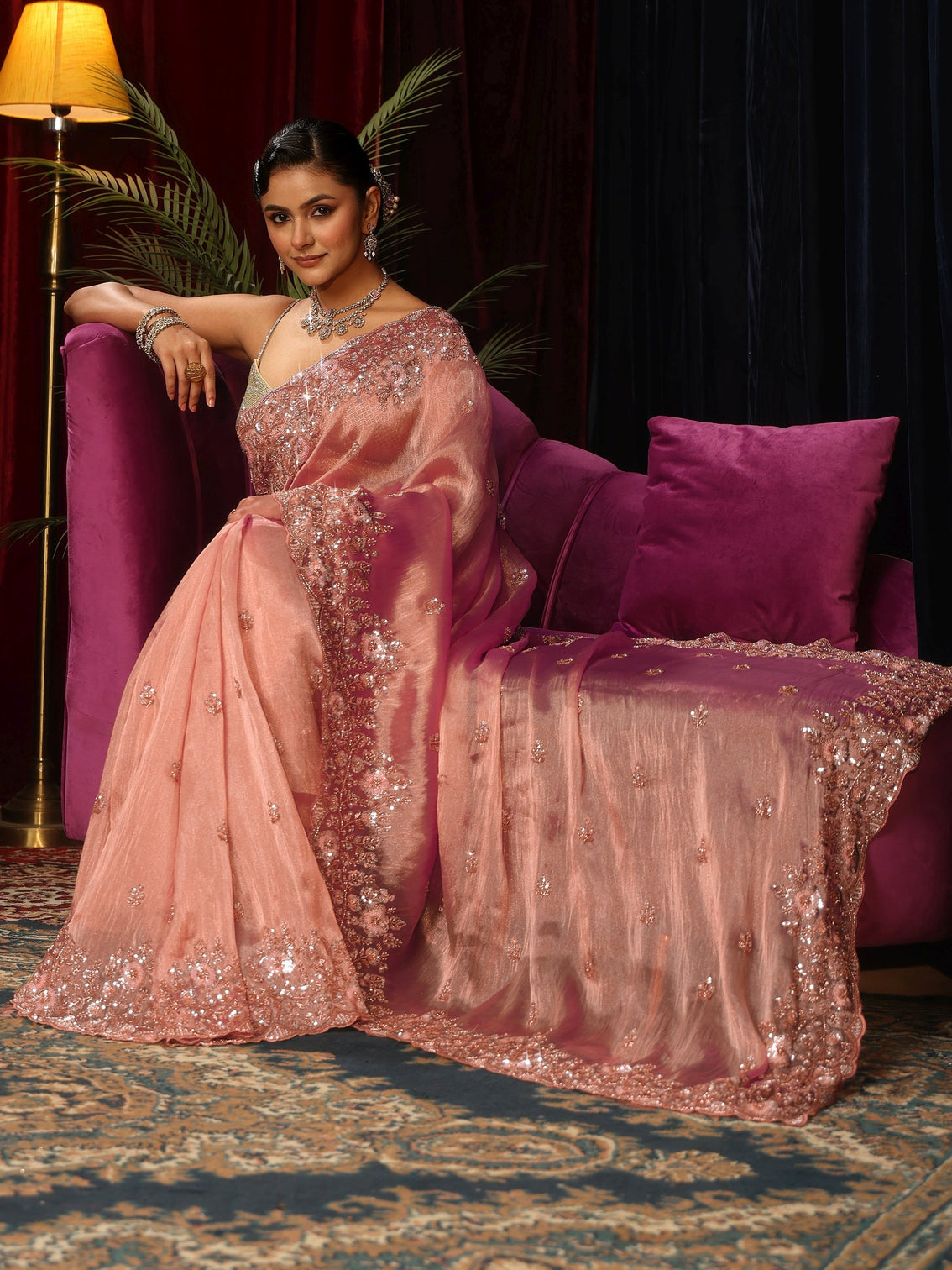 Mameraa Art Pink Floral Sequin Embellished Tissue Saree