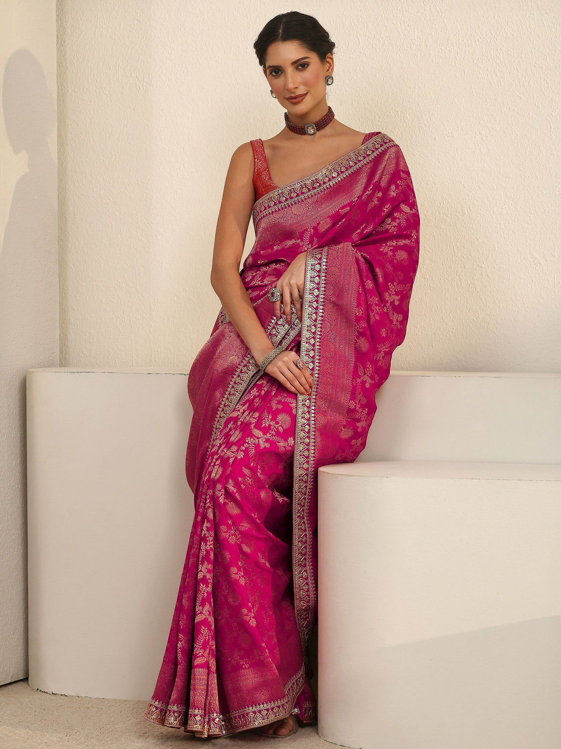 Mameraa Art Pink Floral Woven Design Silk Blend Saree