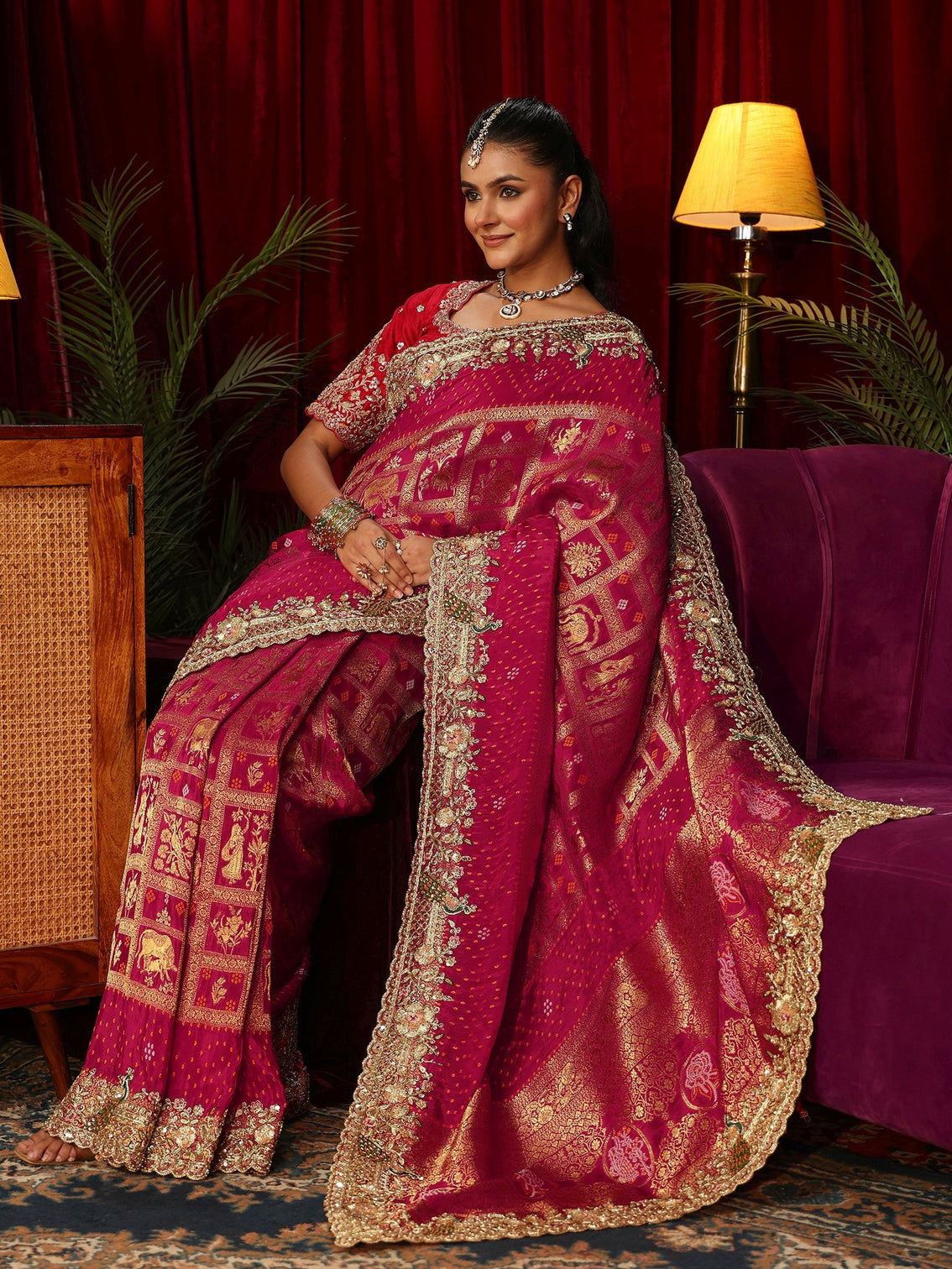 Mameraa Art Pink Gharchola Woven Design Silk Blend Saree with Embellished Border