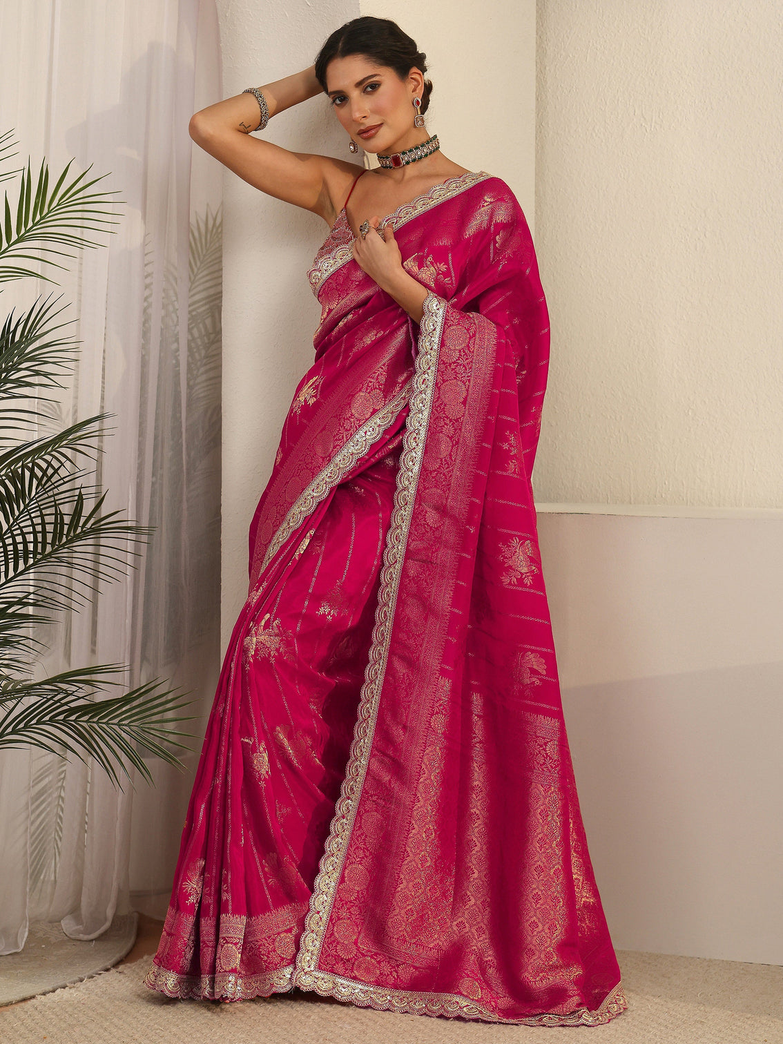 Mameraa Art Pink Peacock Woven Design Silk Blend Saree