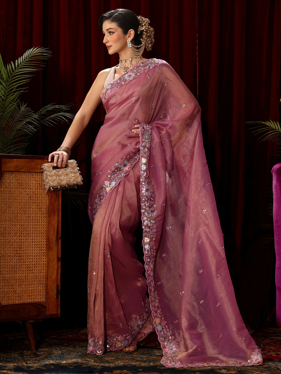Mameraa Art Pink Sequin Embellished Tissue Saree