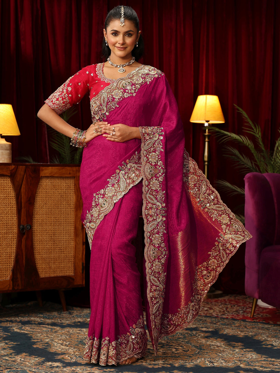Mameraa Art Pink Silk Blend Saree with Zari and Sequin Embellished Border