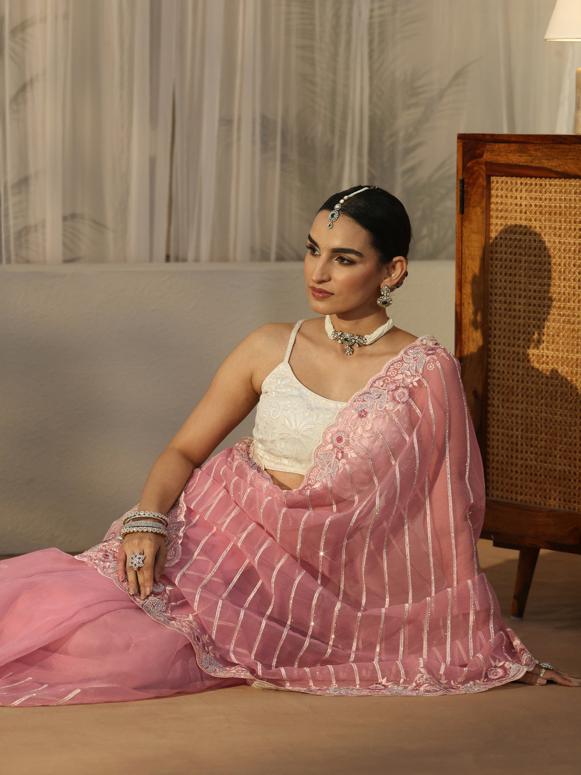 Mameraa Art Pink Striped Tissue Saree with Embellished Border