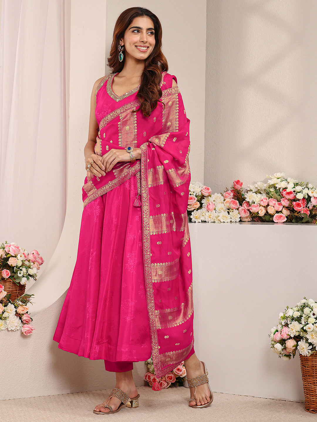 Mameraa Art Pink Woven Design Silk Blend A-Line Suit Set With Dupatta