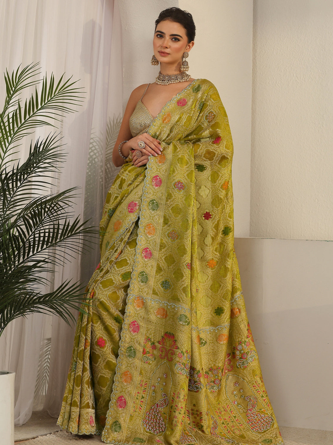 Mameraa Art Pista Green Embellished Chiffon Saree