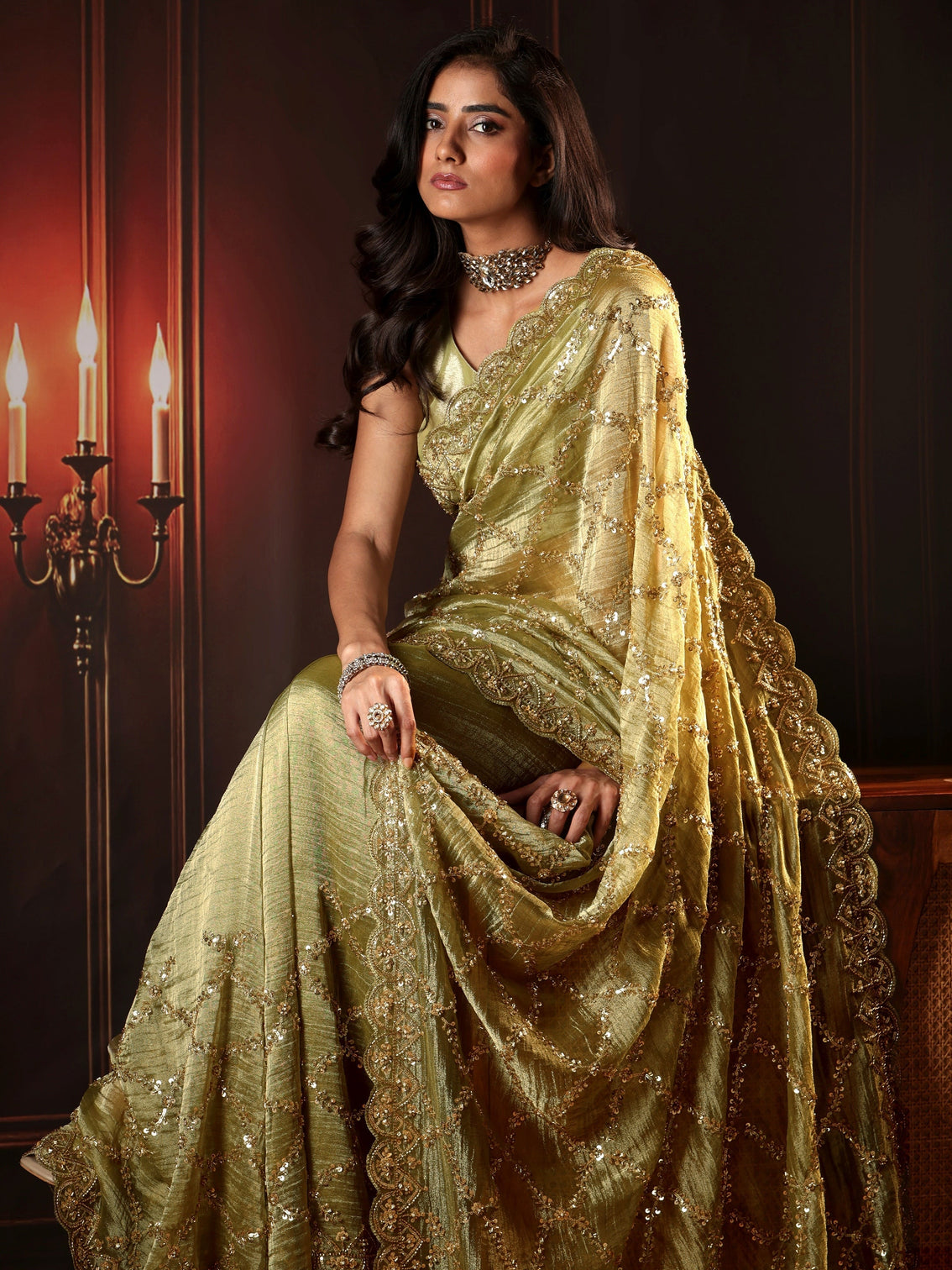 Mameraa Art Pista Green Embellished Organza Saree
