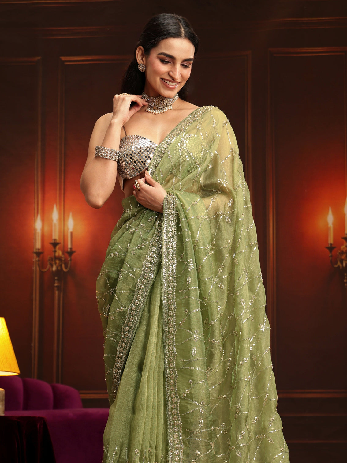 Mameraa Art Pista Green Embellished Tissue Saree - Mameraa