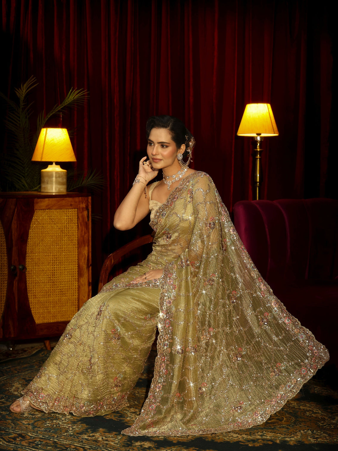 Mameraa Art Pista Green Embellished Tissue Saree