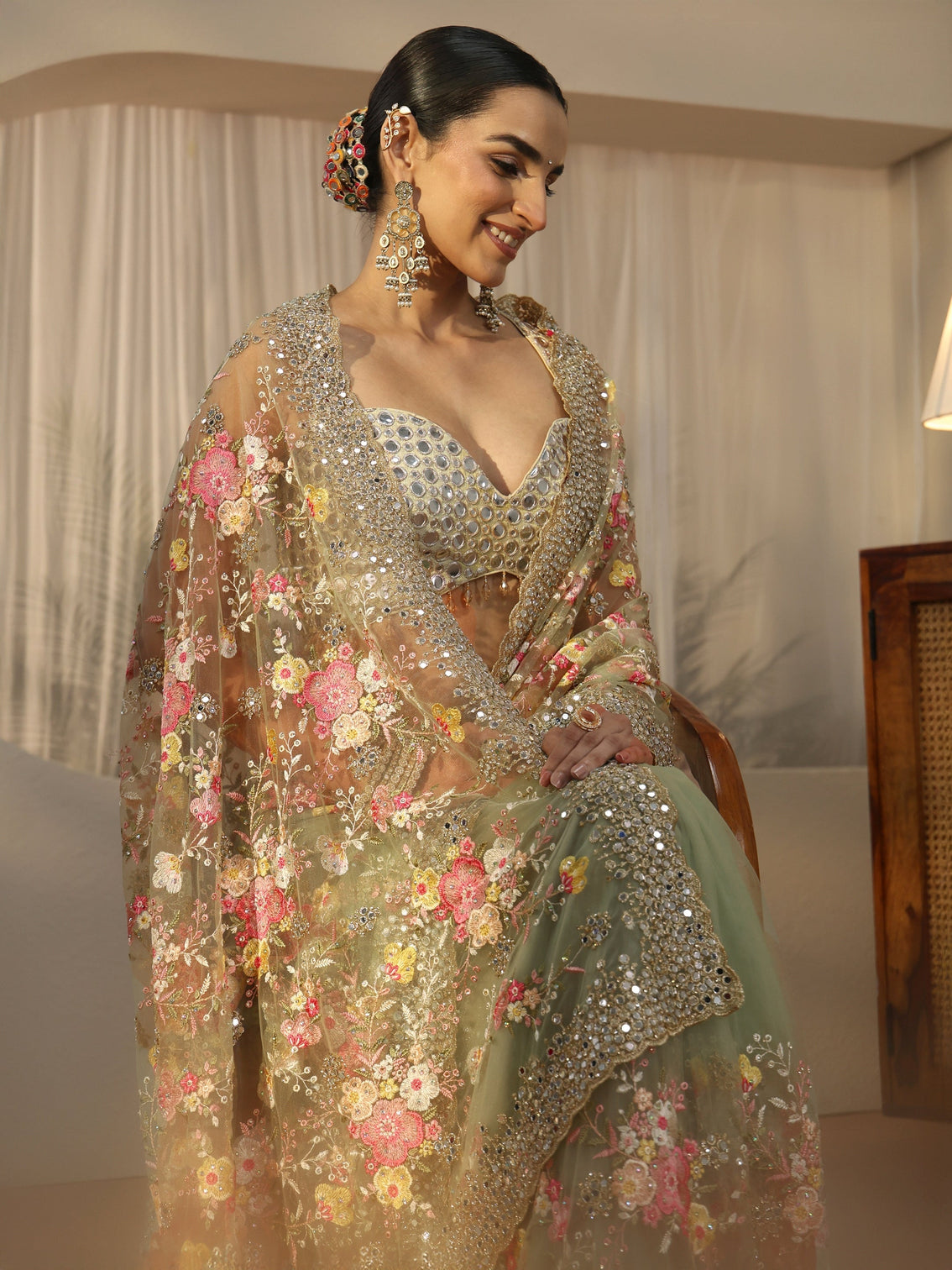 Mameraa Art Pista Green Floral Embellished Net Saree