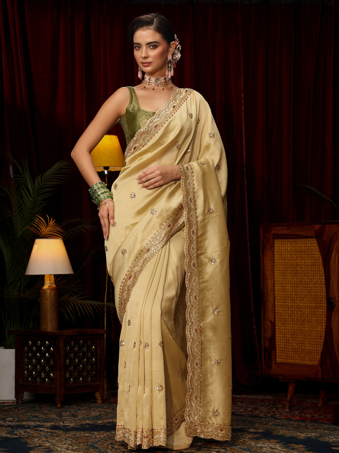 Mameraa Art Pista Green Floral Sequin Embellished Silk Blend Saree - Mameraa