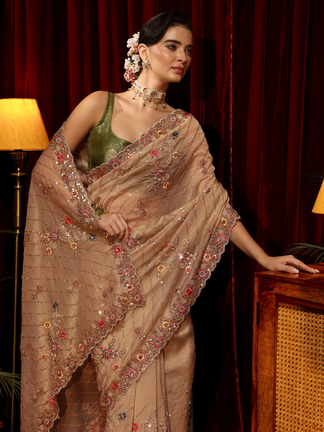 Mameraa Art Pista Green Floral Sequin Embellished Tissue Saree
