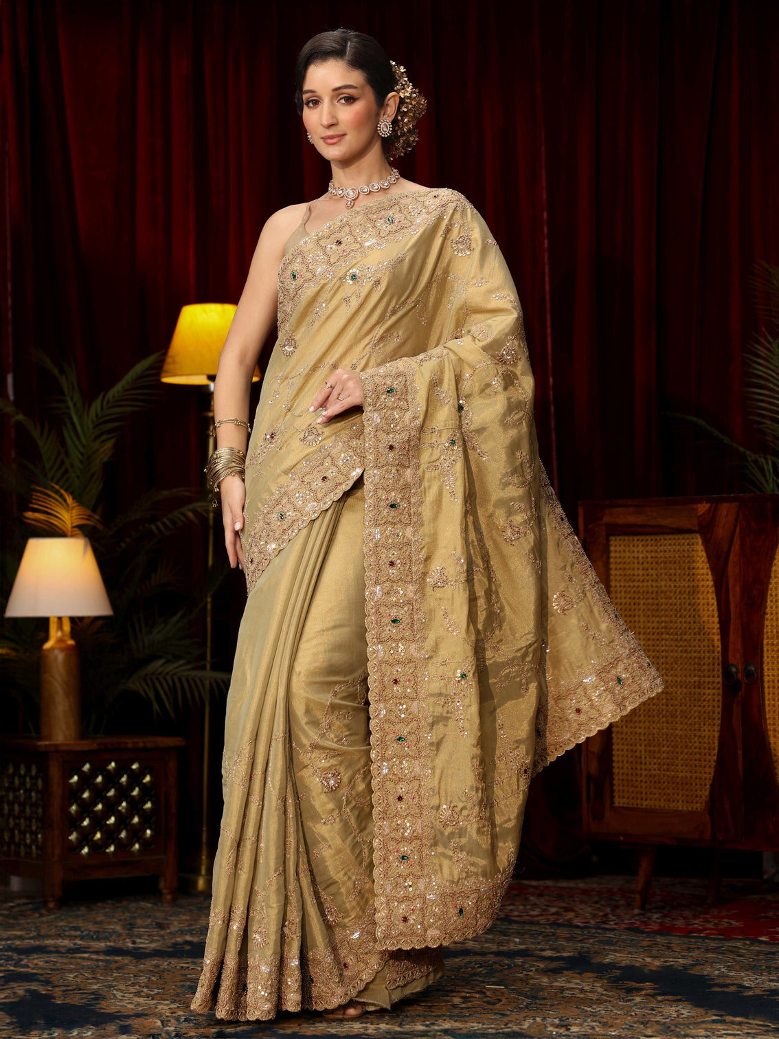Mameraa Art Pista Green Sequin Zari Embroidered Silk Blend Saree
