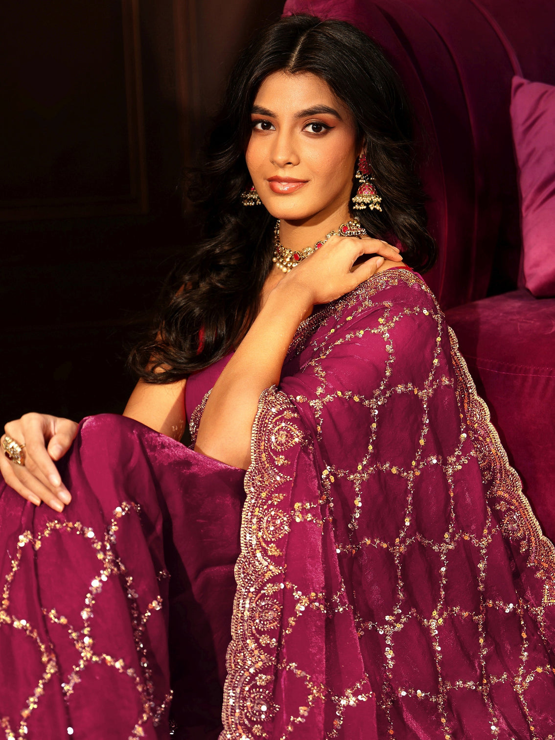 Mameraa Art Plum Purple Embellished Tissue Saree