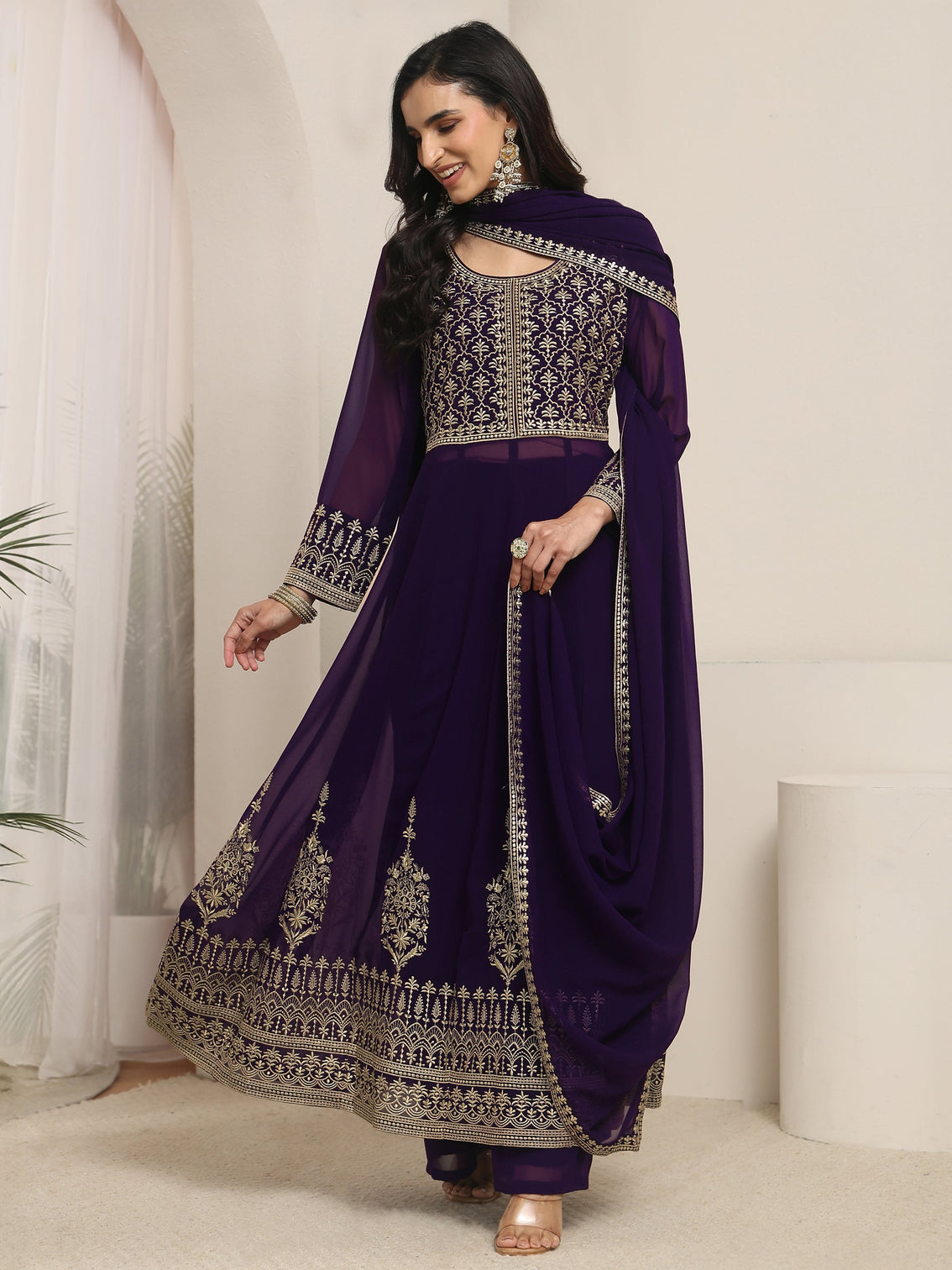 Mameraa Art Plum Purple Floral Embroidered Georgette Anarkali Suit Set