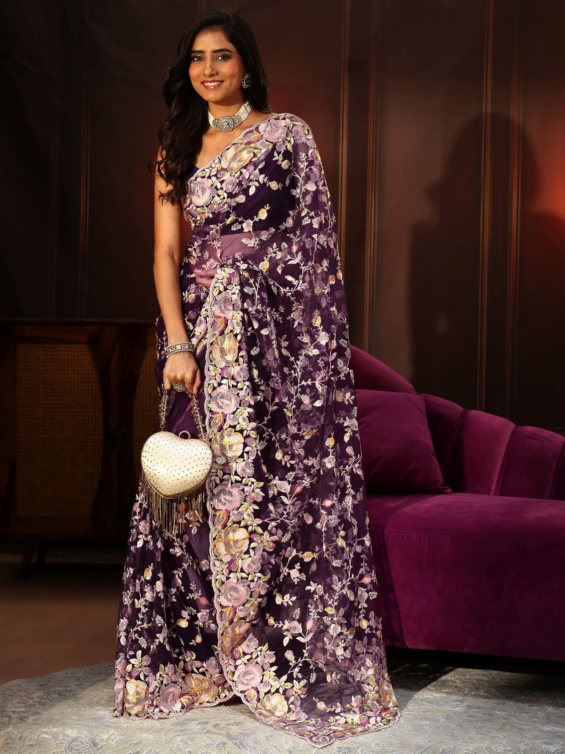 Mameraa Art Plum Purple Floral Embroidered Net Saree