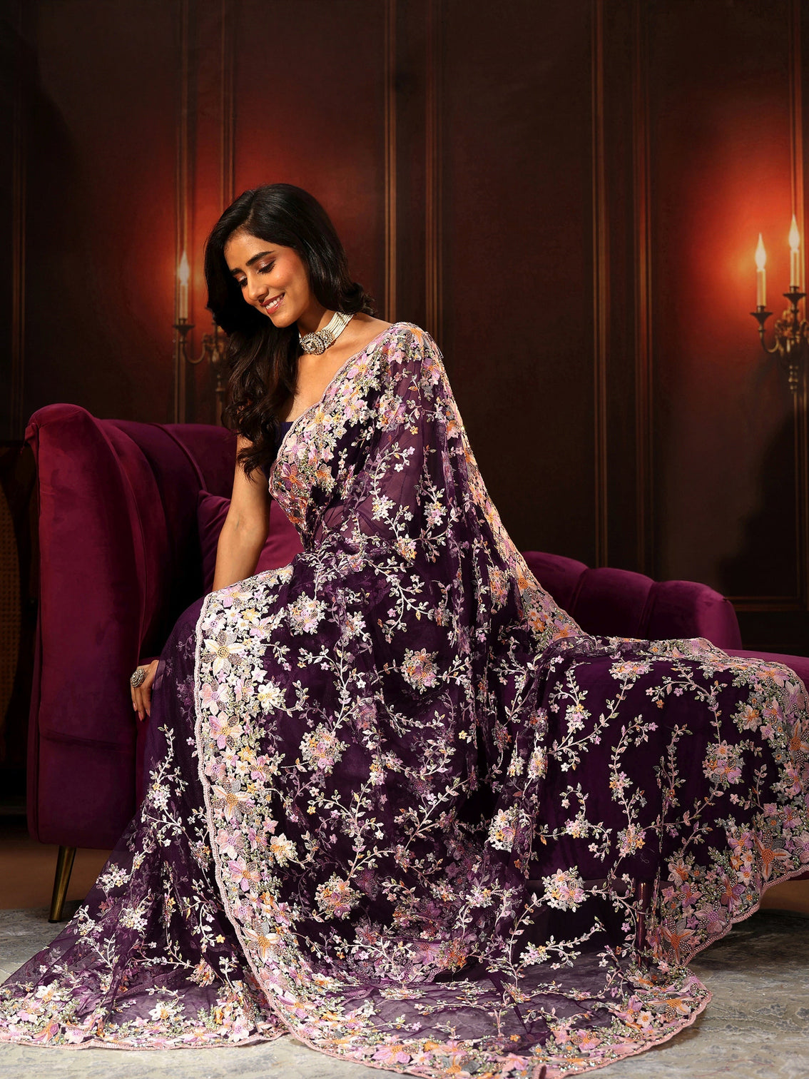 Mameraa Art Plum Purple Floral Embroidered Net Saree
