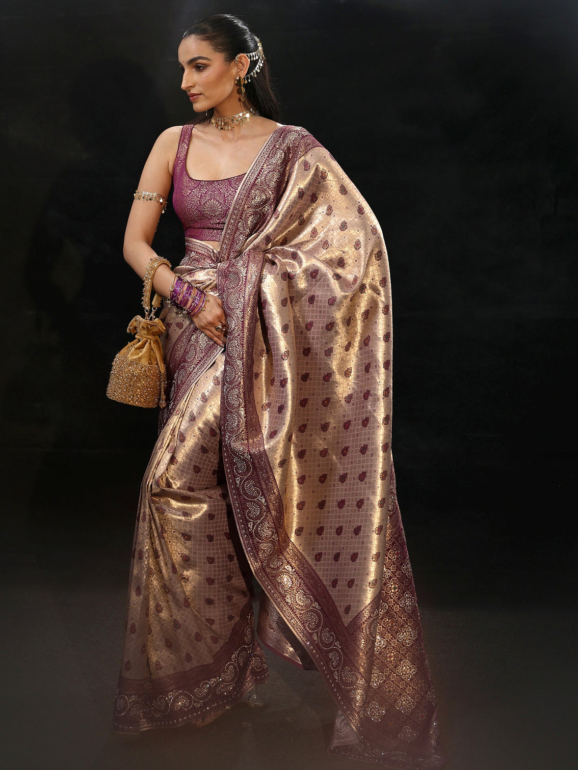 Mameraa Art Purple Banarasi Silk Blend Saree