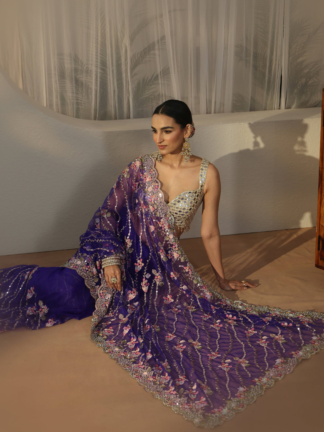 Mameraa Art Purple Floral Embellished Net Saree