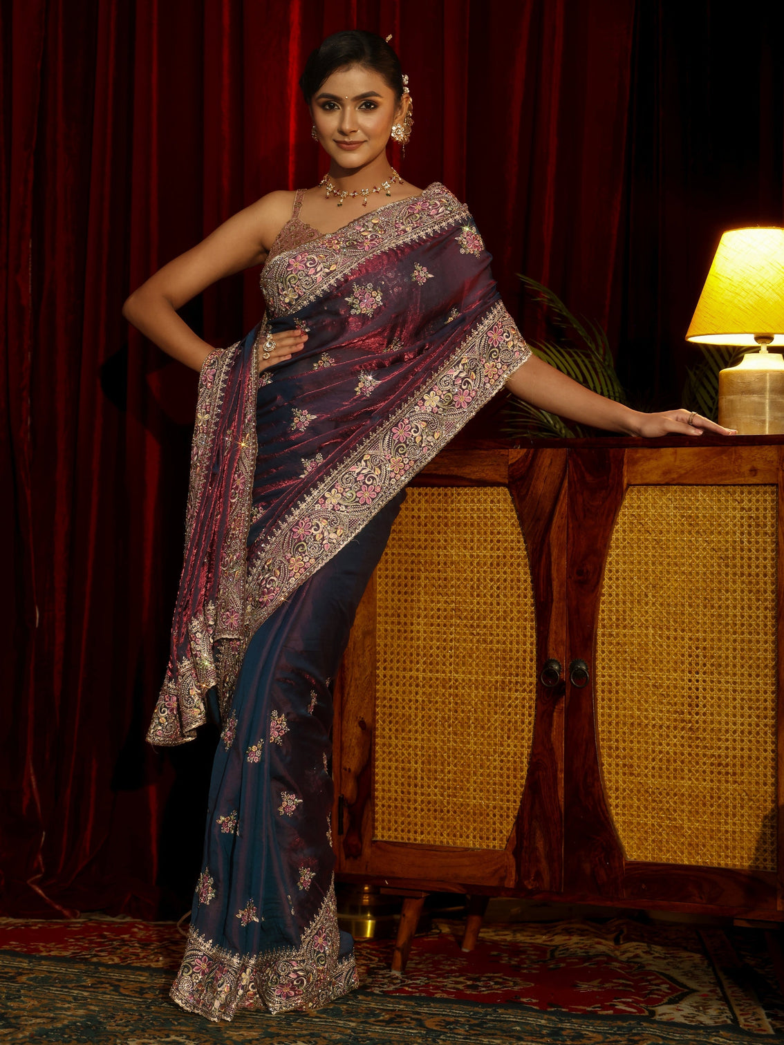 Mameraa Art Purple Floral Embellished Tissue Saree