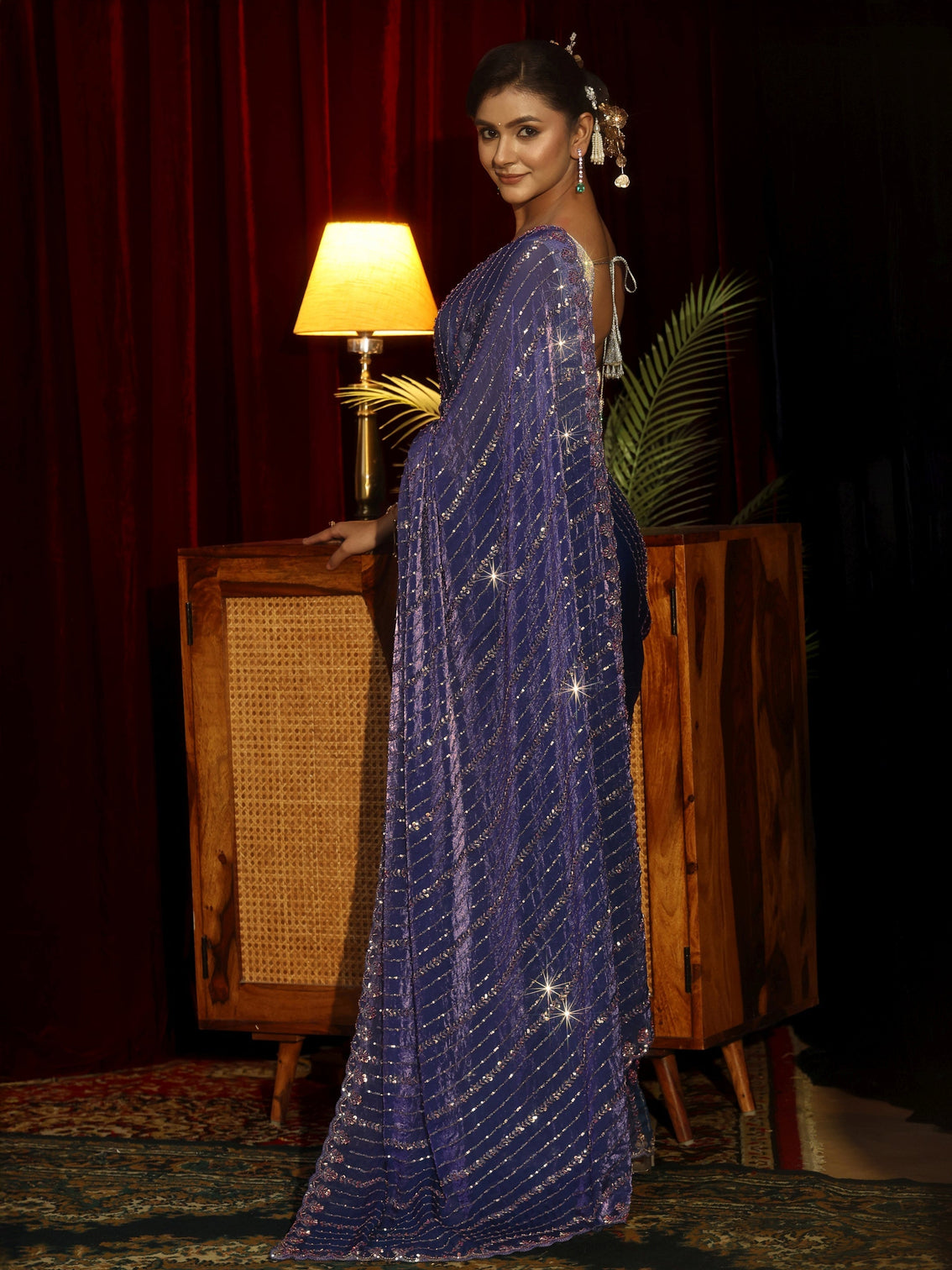 Mameraa Art Purple Sequin Embellished Tissue Saree