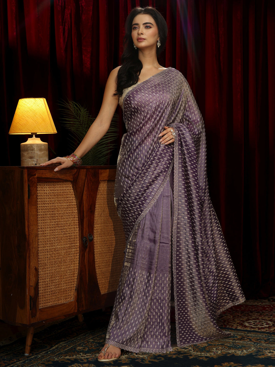 Mameraa Art Purple Stone Work Embellished Tissue Saree