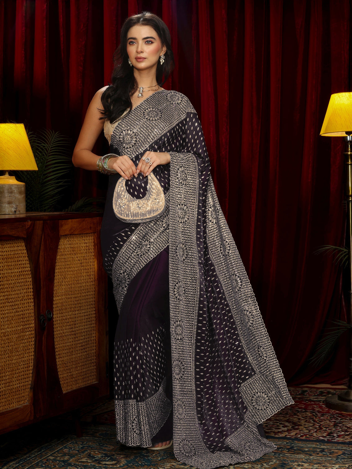 Mameraa Art Purple Stone Work Embellished Tissue Saree
