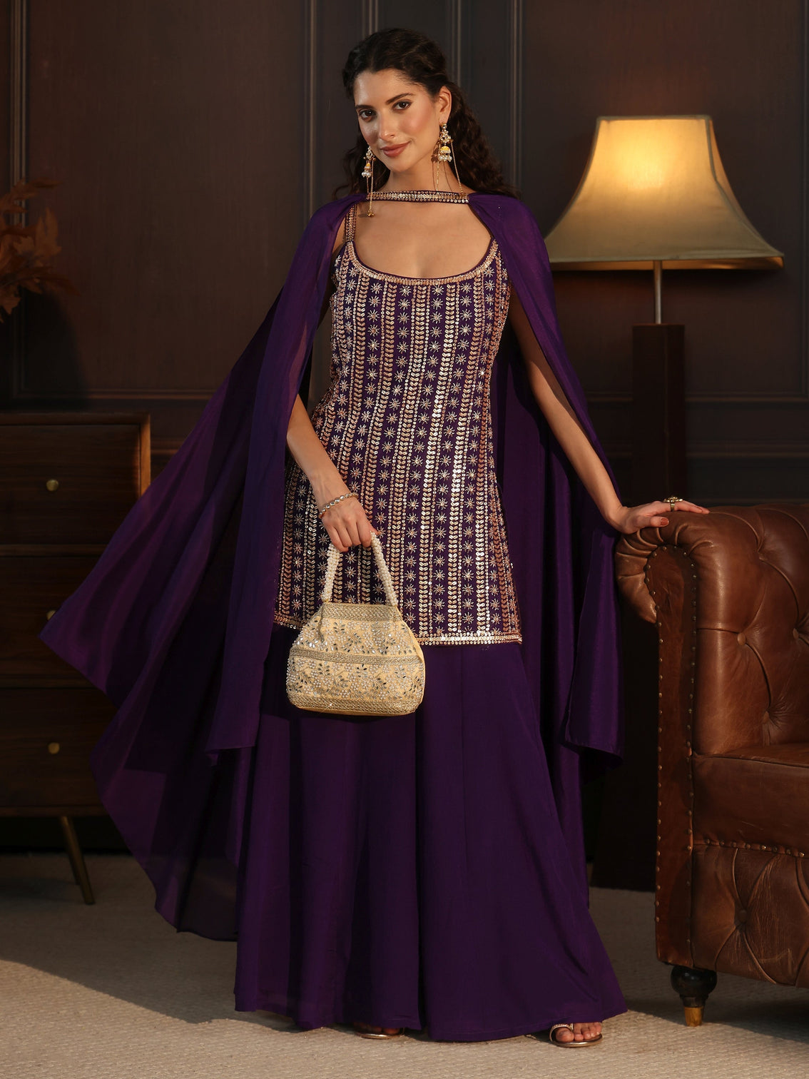 Mameraa Art Purple Strappy Embellished Chinon Palazzo Suit Set