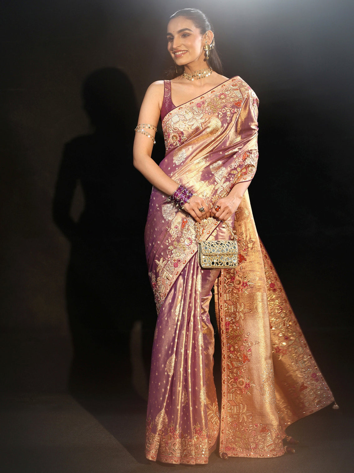 Mameraa Art Purple Woven Design Silk Blend Saree with Embroidered Border