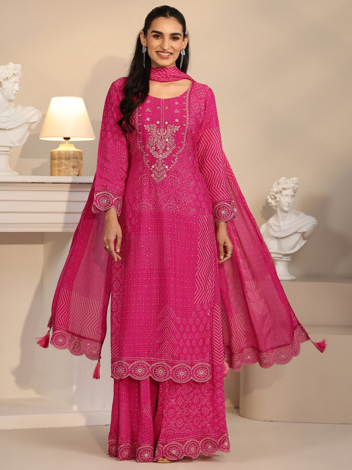 Mameraa Art Rani Pink Bandhani Printed Chinon Palazzo Suit Set