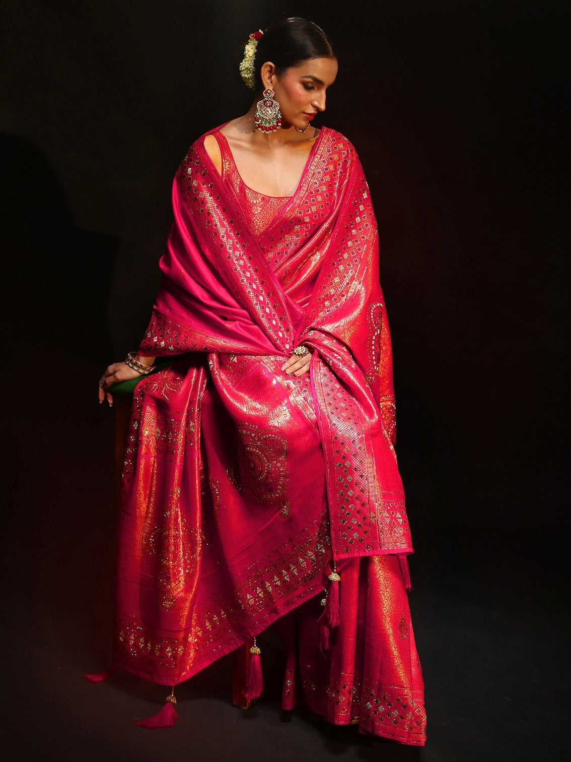 Mameraa Art Rani Pink Embellished Banarasi Silk Blend Saree with Dupatta