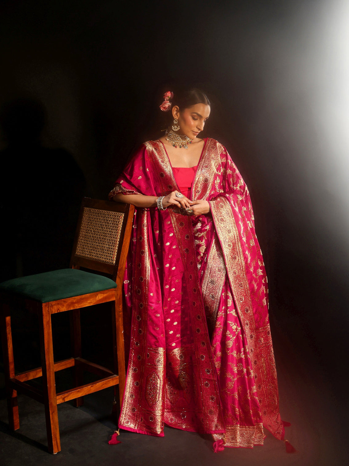 Mameraa Art Rani Pink Floral Design Banarasi Silk Blend Saree with Dupatta