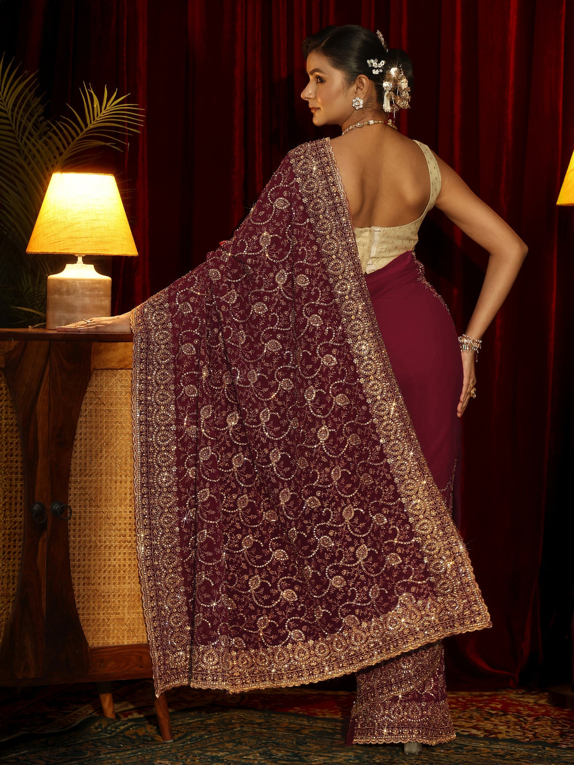 Mameraa Art Rani Pink Floral Embellished Georgette Saree