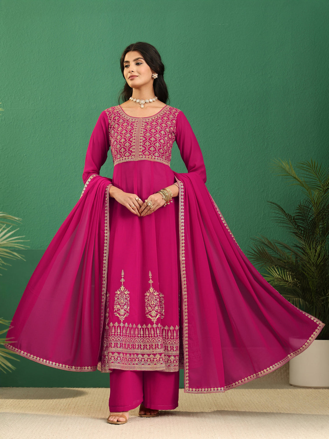 Mameraa Art Rani Pink Floral Embroidered Georgette Anarkali Suit Set