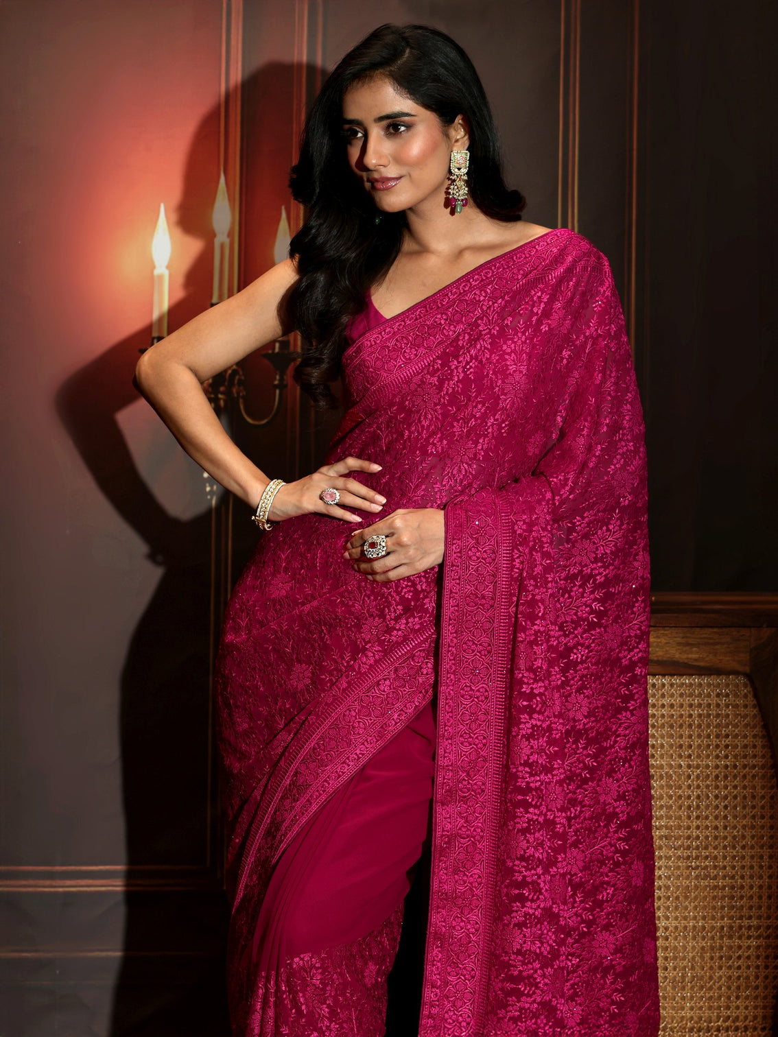 Mameraa Art Rani Pink Floral Embroidered Georgette Saree