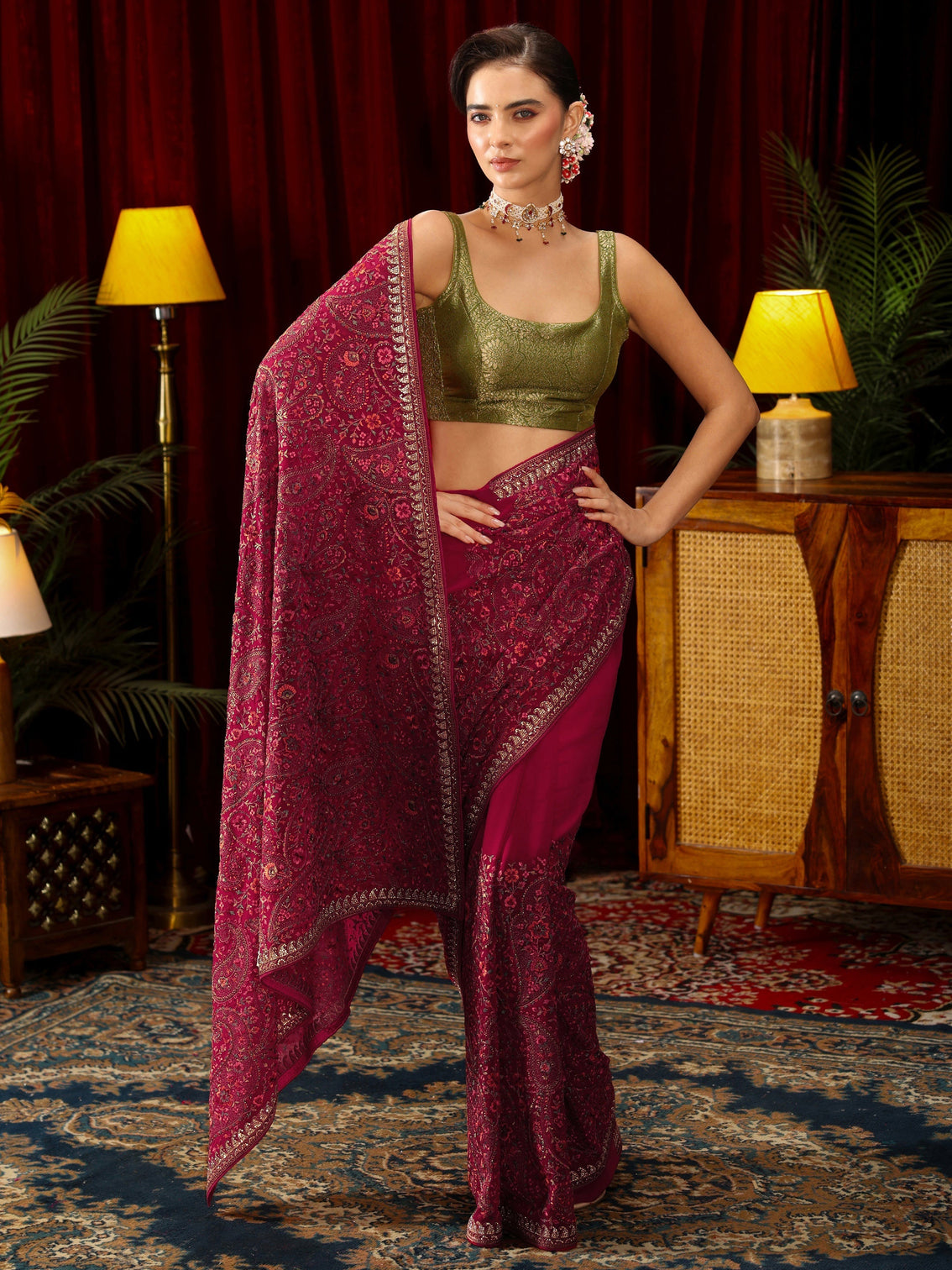 Mameraa Art Rani Pink Floral Embroidered Georgette Saree