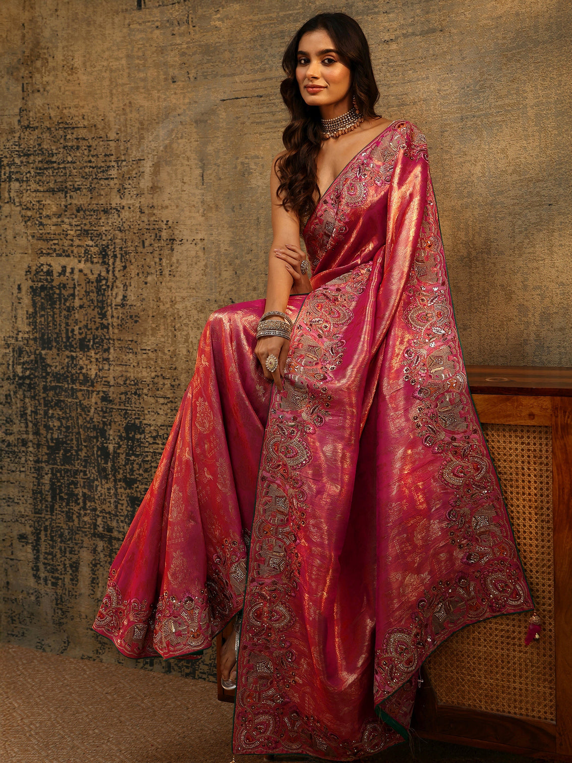 Mameraa Art Rani Pink Floral Woven Saree with Embellished Saree
