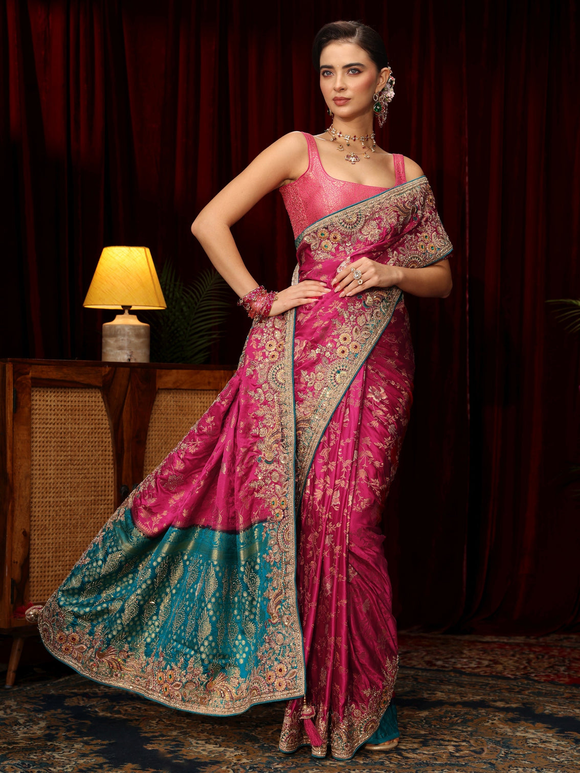 Mameraa Art Rani Pink Floral Woven Silk Blend Saree with Embellished Border