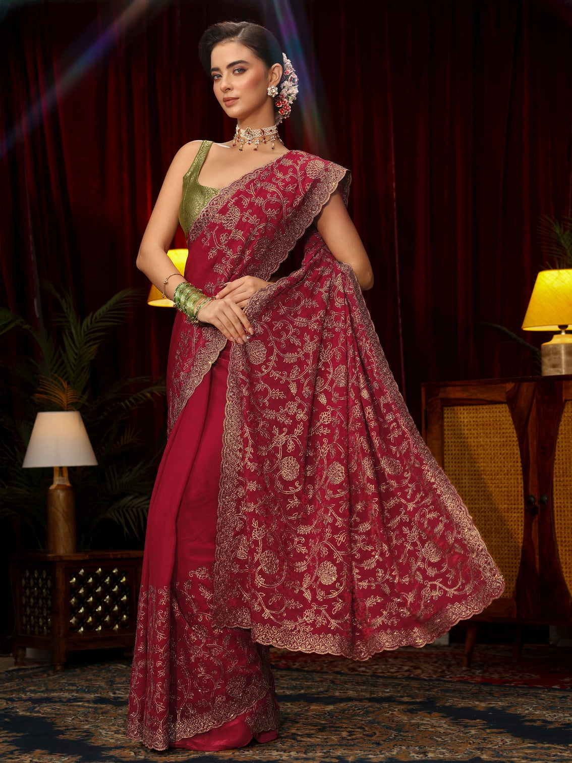 Mameraa Art Rani Pink Floral Zari Embroidered Tissue Saree - Mameraa