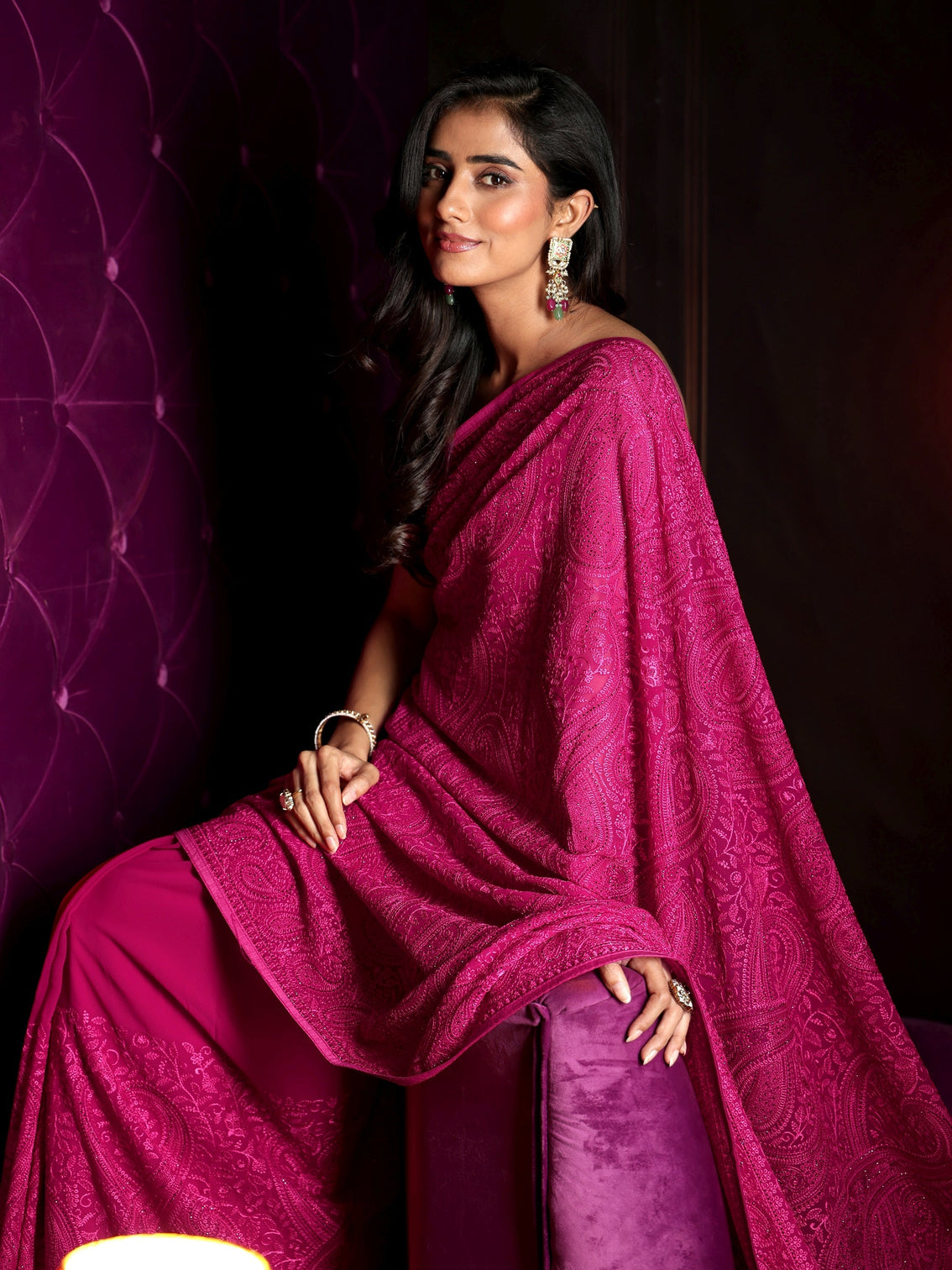Mameraa Art Rani Pink Paisley Embroidered Georgette Saree