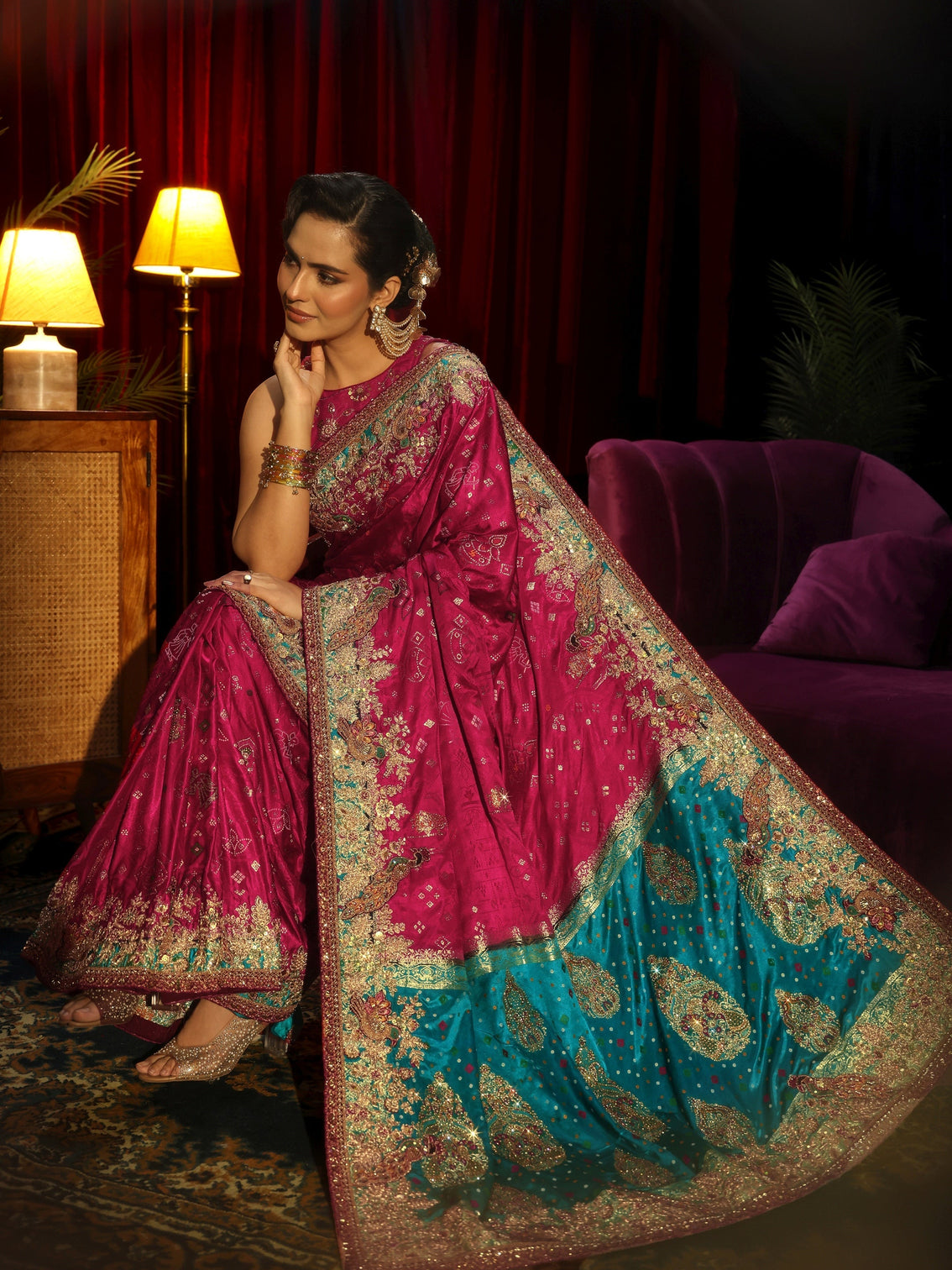 Mameraa Art Rani Pink Silk Blend Saree with Embellished Border