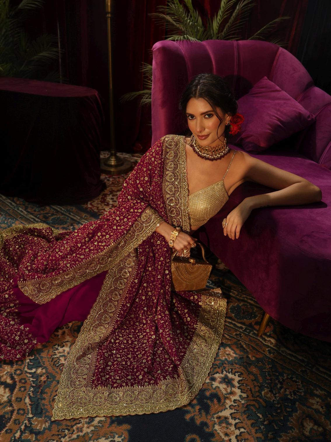 Mameraa Art Rani Pink Stone Work Georgette Saree