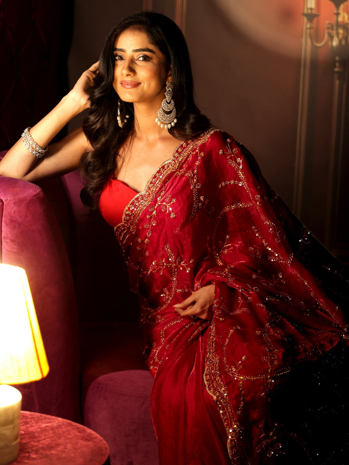 Mameraa Art Raspberry Pink Embellished Tissue Saree