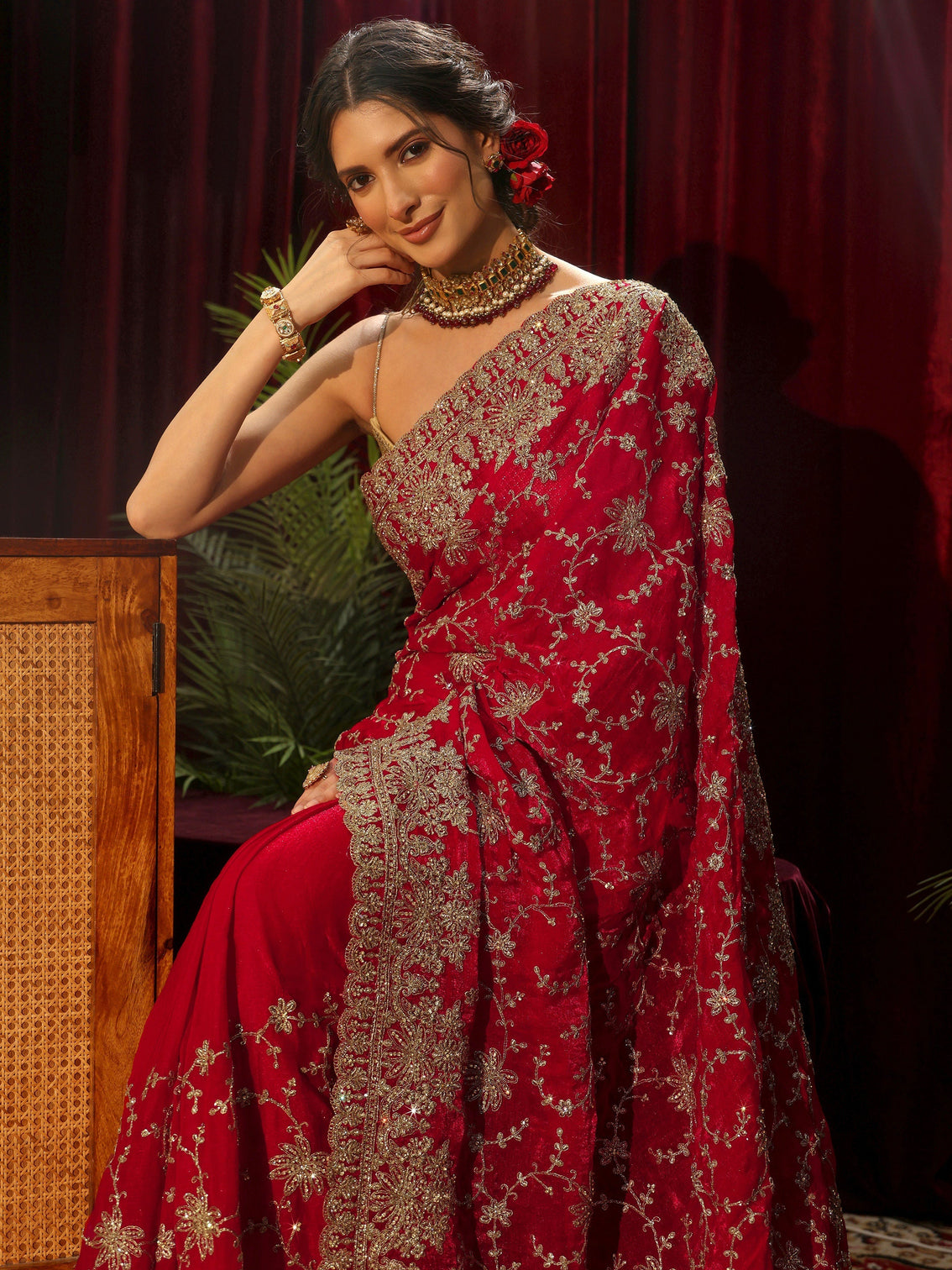 Mameraa Art Red Floral Embellished Tissue Saree