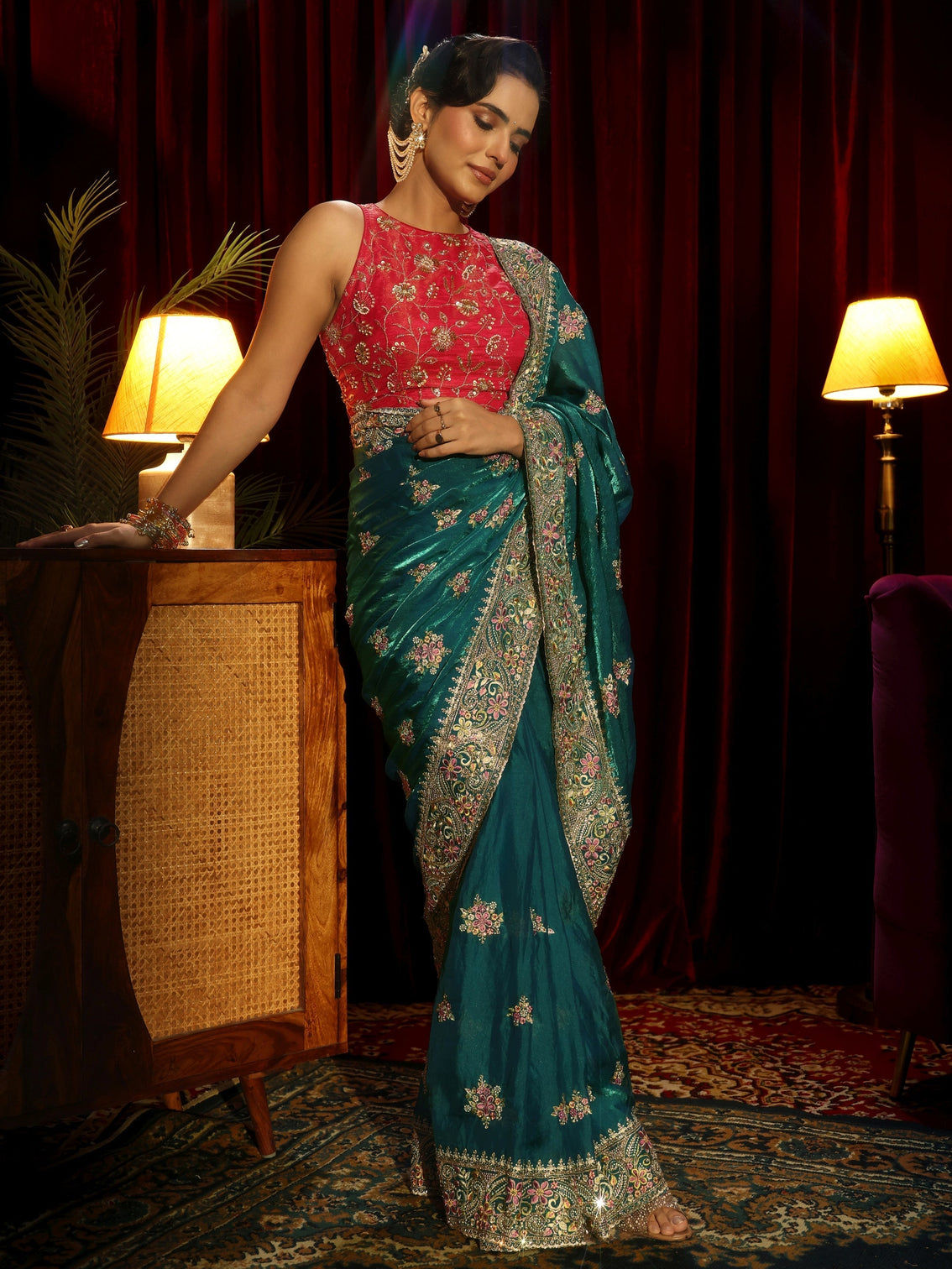 Mameraa Art Red Floral Embroidered Tissue Saree
