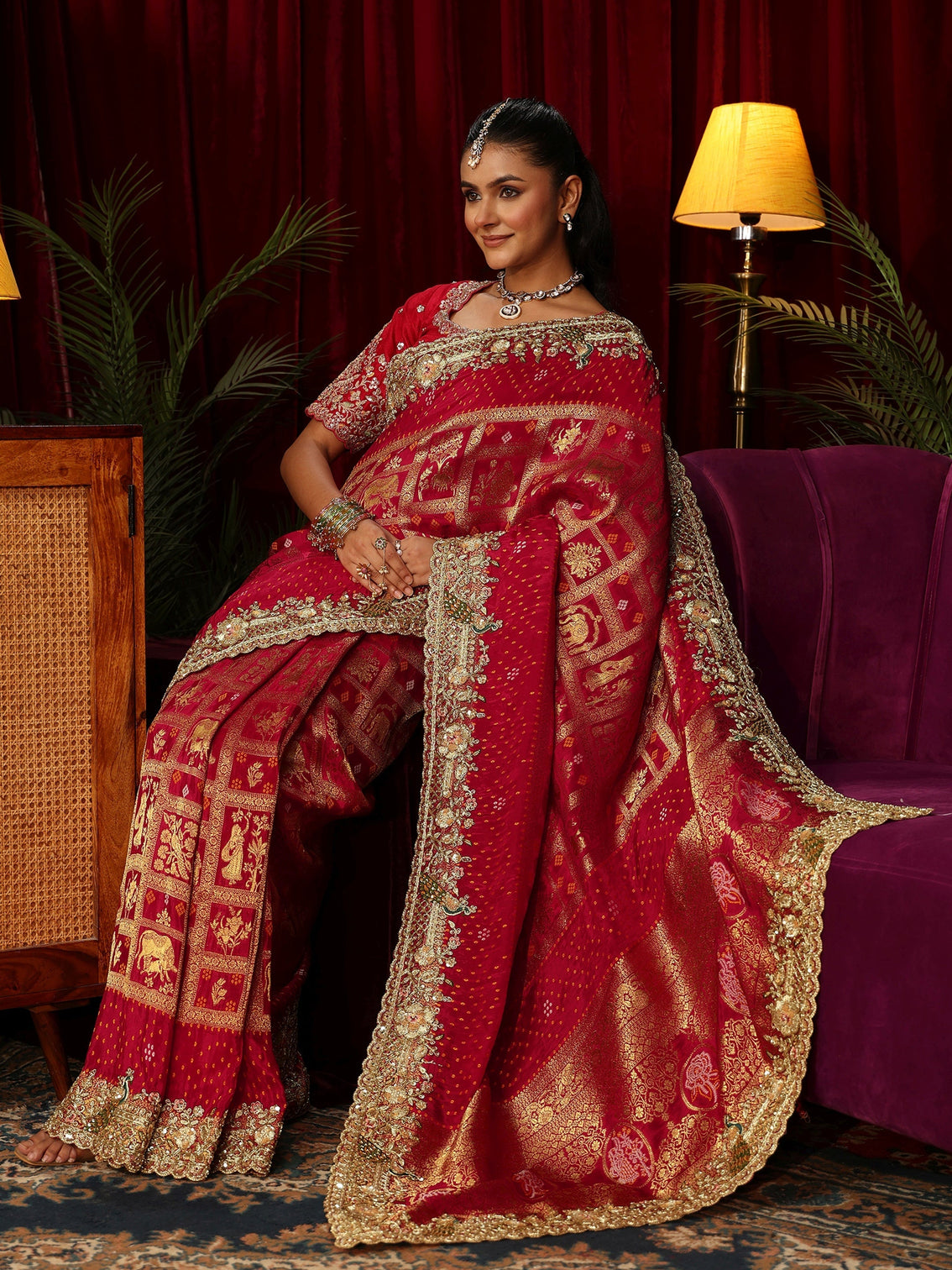 Mameraa Art Red Gharchola Woven Design Silk Blend Saree