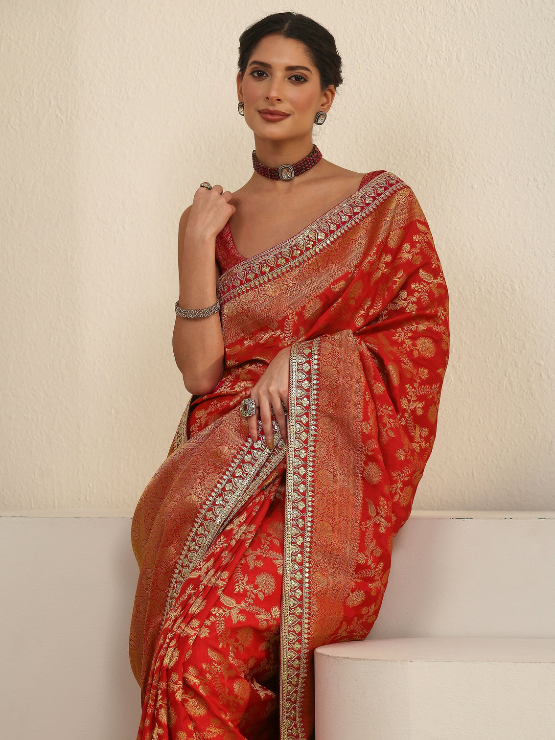 Mameraa Art Red Orange Floral Woven Design Silk Blend Saree